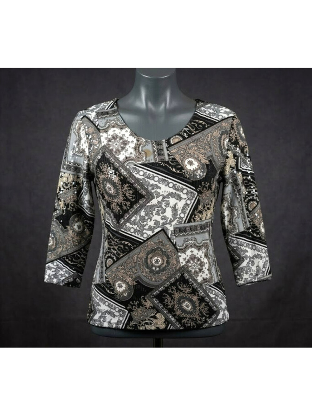 Y2K Vintage All Hours Baroque Scarf Print Sequin Top Small Made in USA
